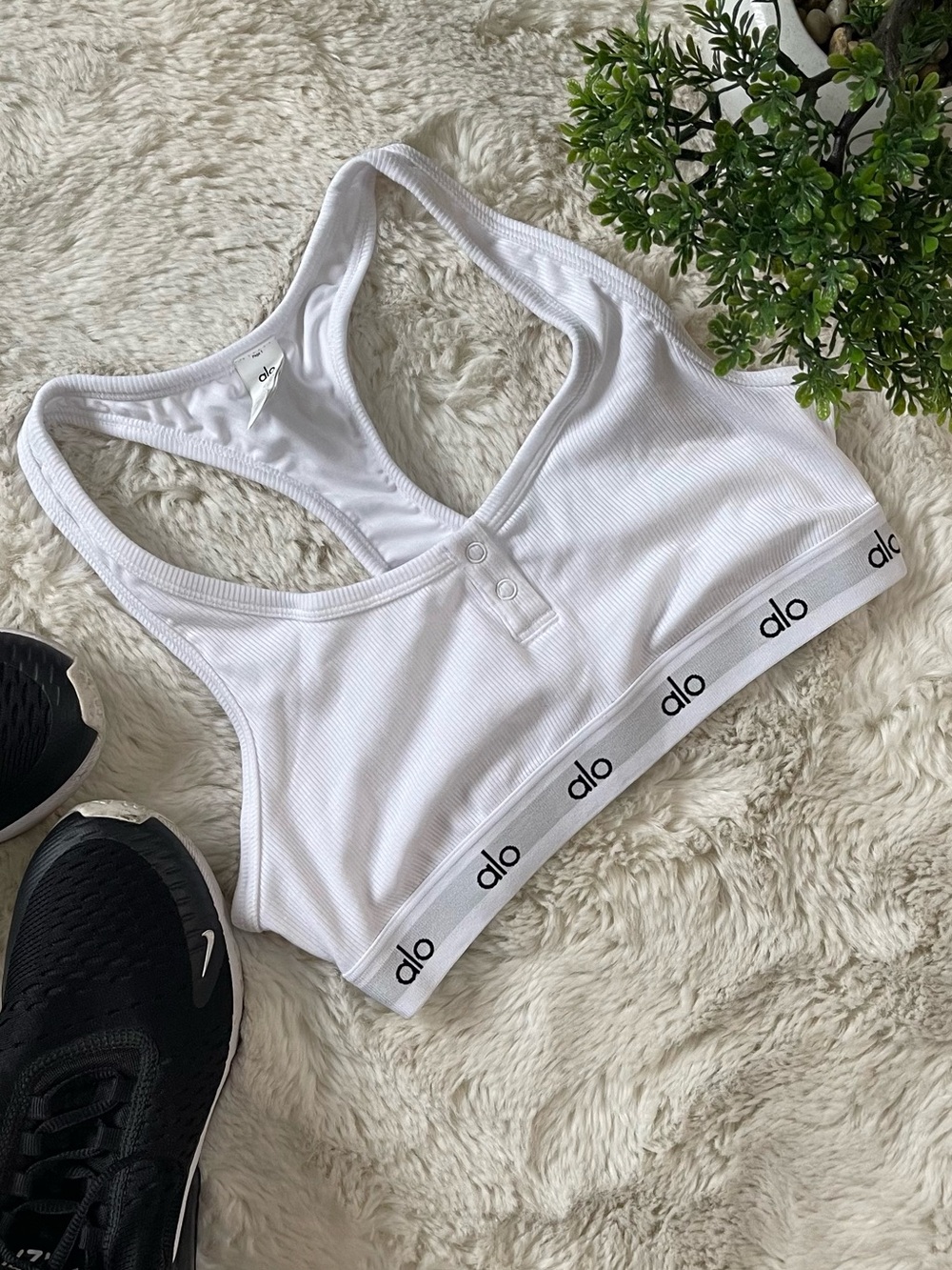 ALO YOGA Icon Ribbed Henley Bra Sports Tank Top White Size S Racerback Crop